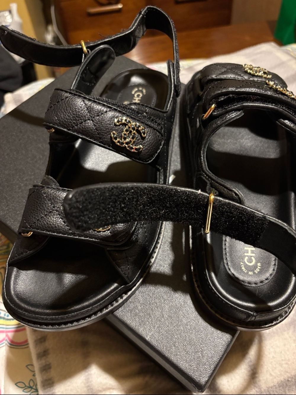 CHANEL Black Quilted Leather Sandals with Gold CC Hardware bought new wore once